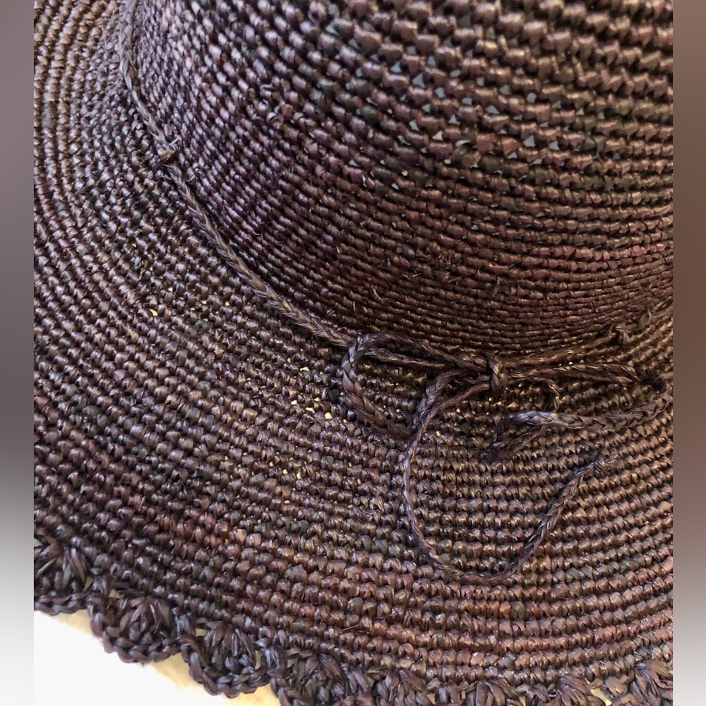 SHEBOBO Genevieve 4" Brim Crochet Straw Sun Hat Lace Weave Edge Dark Brown EUC - Picture 4 of 7